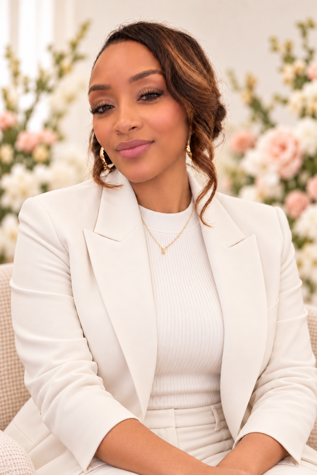 Toya, founder of Floral Haven Paper Co., smiling in an ivory blazer and high neckline top.