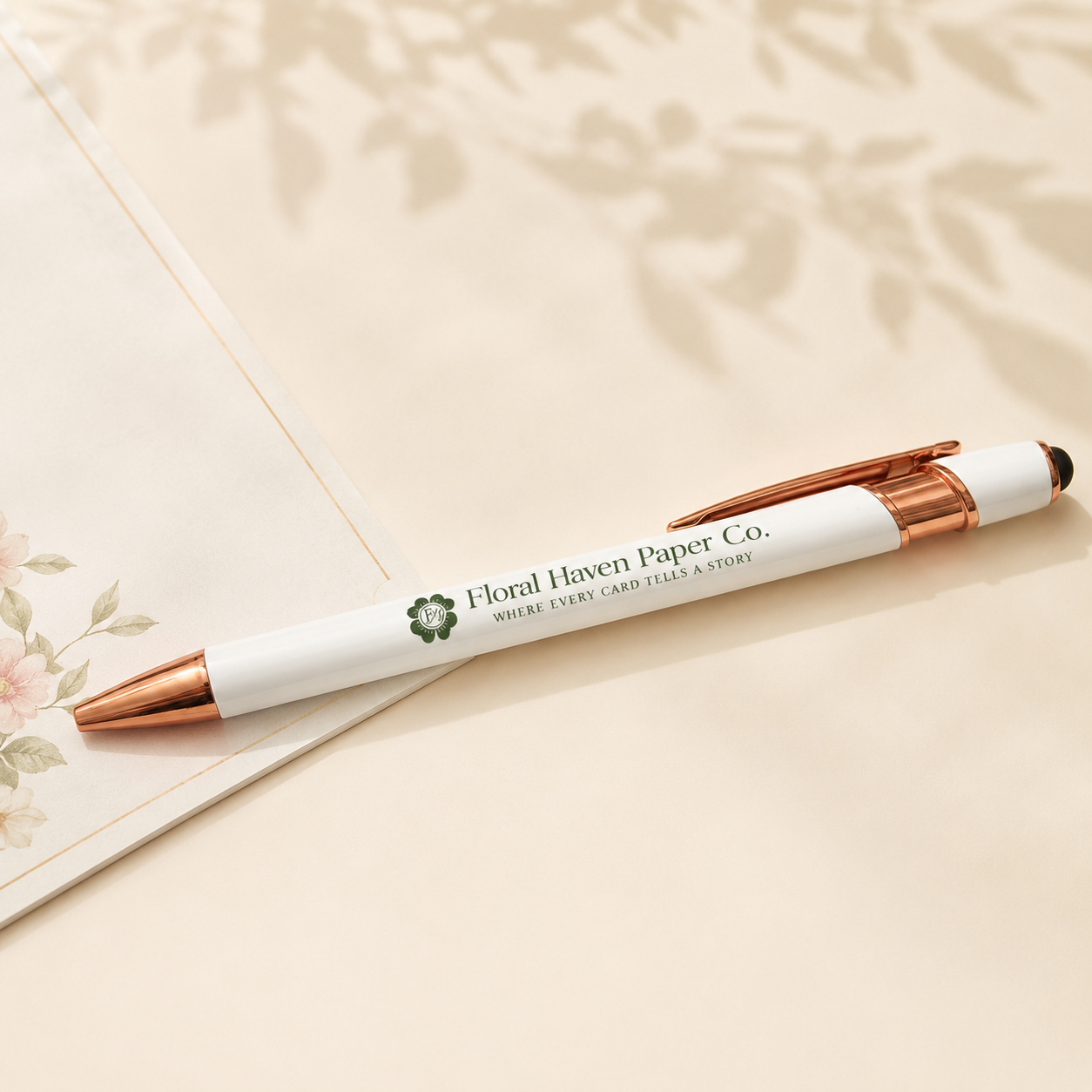 Floral Haven Stylus Pen — White & Rose Gold