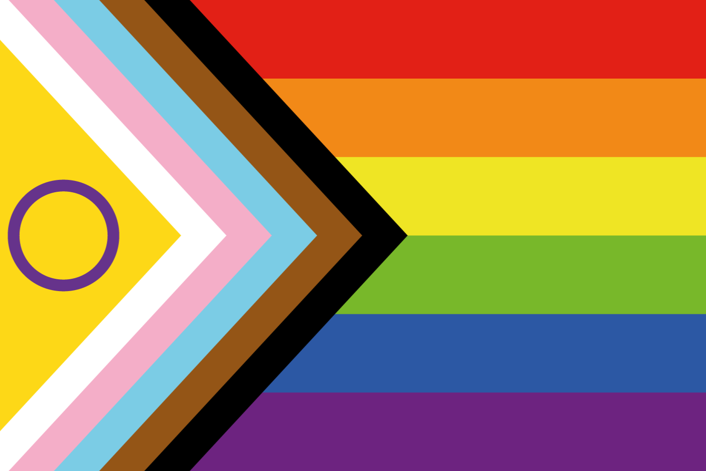 A rainbow flag with horizontal stripes in red, orange, yellow, green, blue, and purple, and a yellow triangle with a purple circle on the left side.