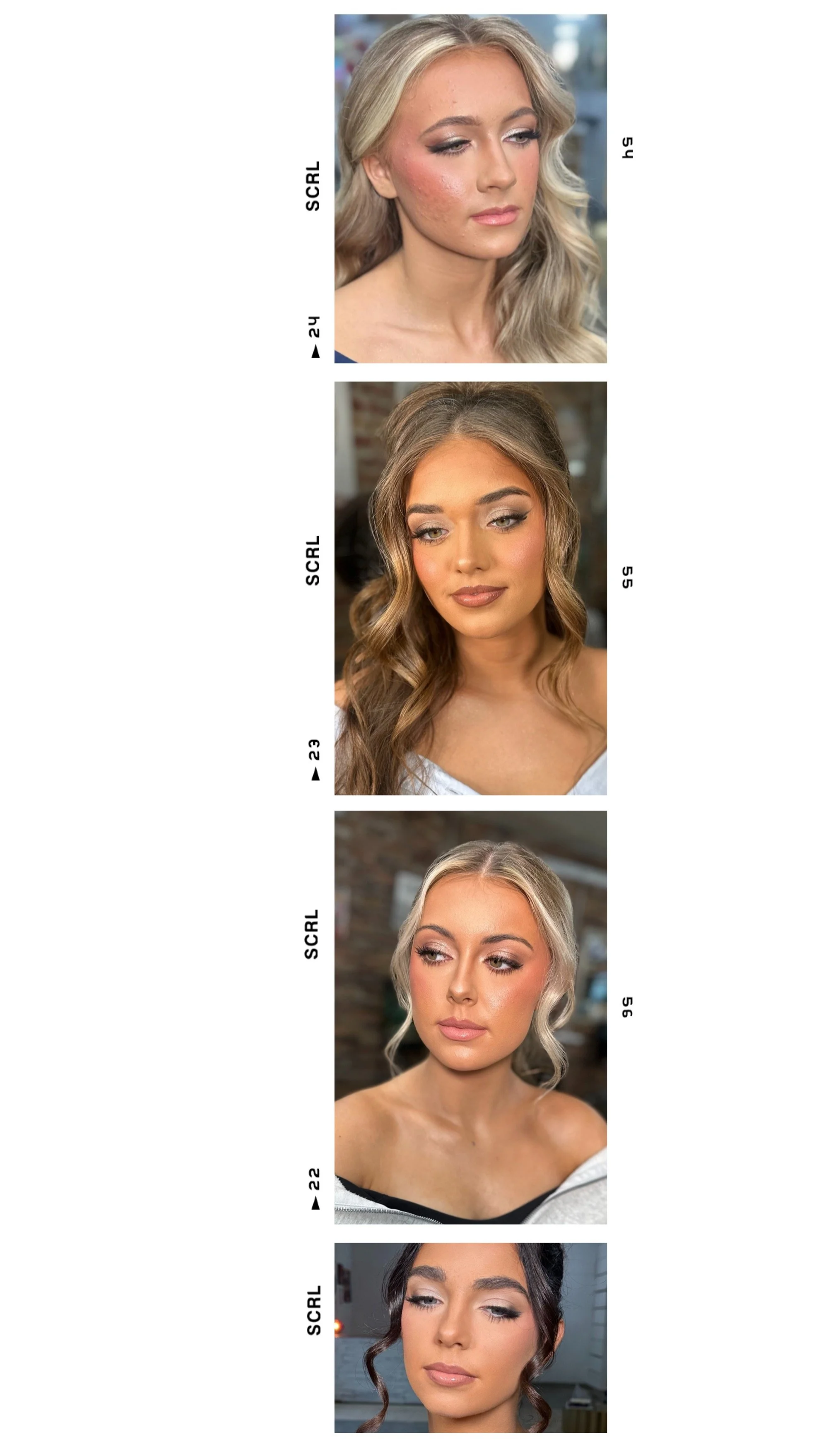A vertical strip containing four photographs of women with different hairstyles and makeup, each labeled with camera settings.
