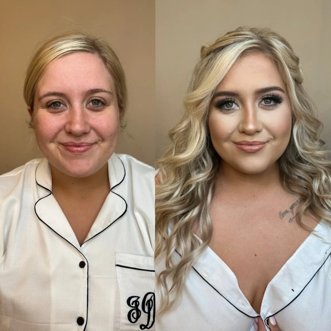 Comparison of a woman before and after makeup and hairstyling, showing a natural look on the left and a glamorous look on the right.