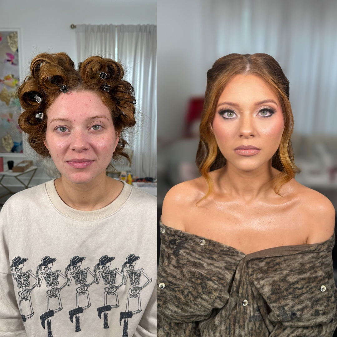 Side-by-side comparison of a woman before and after makeup and hairstyling. On the left, she has no makeup, hair curlers, and casual clothing. On the right, she has professionally styled hair, makeup, and an off-the-shoulder outfit.