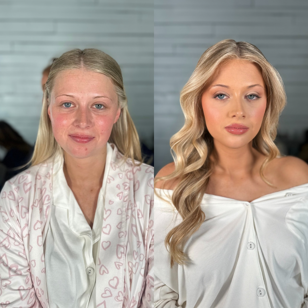 A side-by-side comparison of a woman before and after makeup and hairstyling, with a gray background. The left shows a woman with light skin, minimal makeup, and straight, untreated hair. The right shows the same woman with styled, wavy hair, full ma