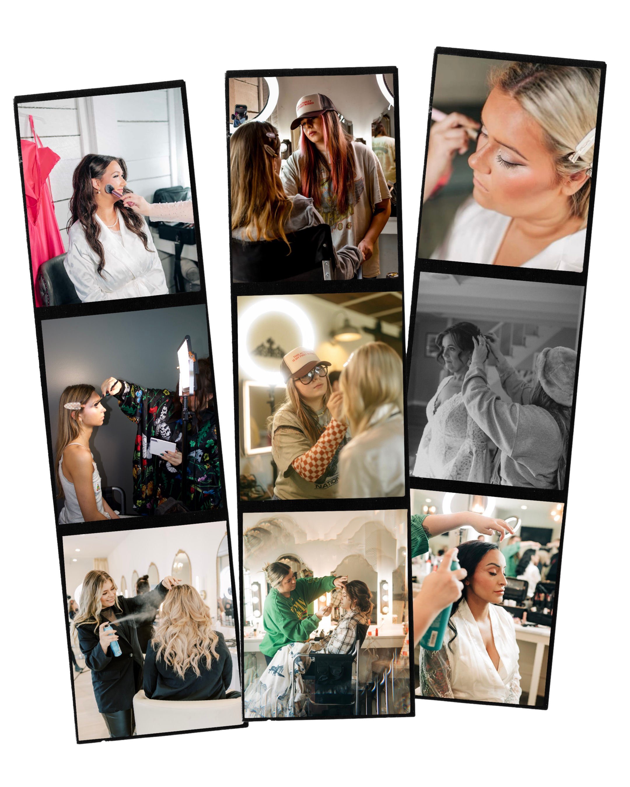 Collage of behind-the-scenes images of women getting hair and makeup prepared for a photoshoot or event, including applying makeup, styling hair, and adjusting costumes in a salon or studio setting.