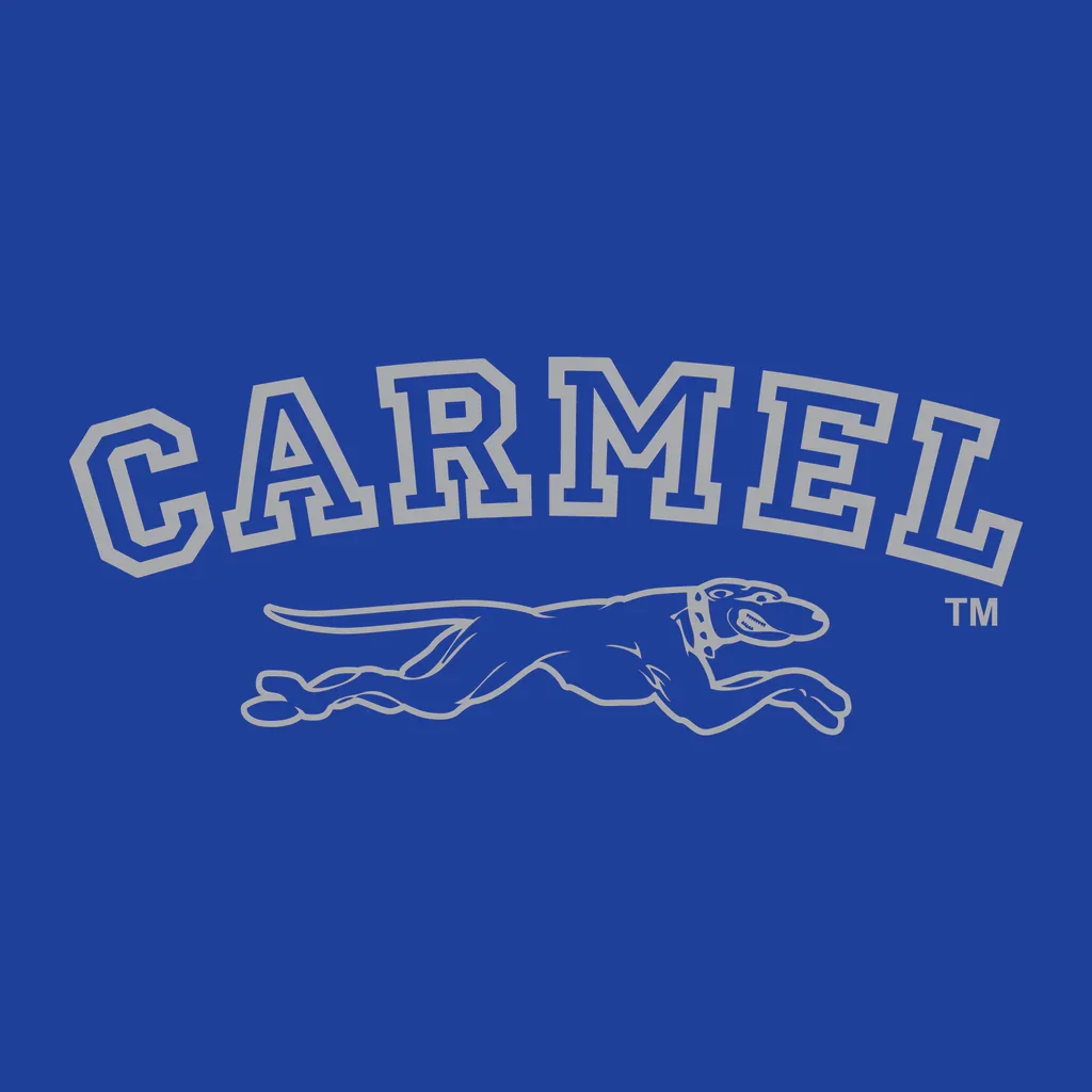Blue background with the word 'CARMEL' in gray block letters and a running dog mascot underneath.