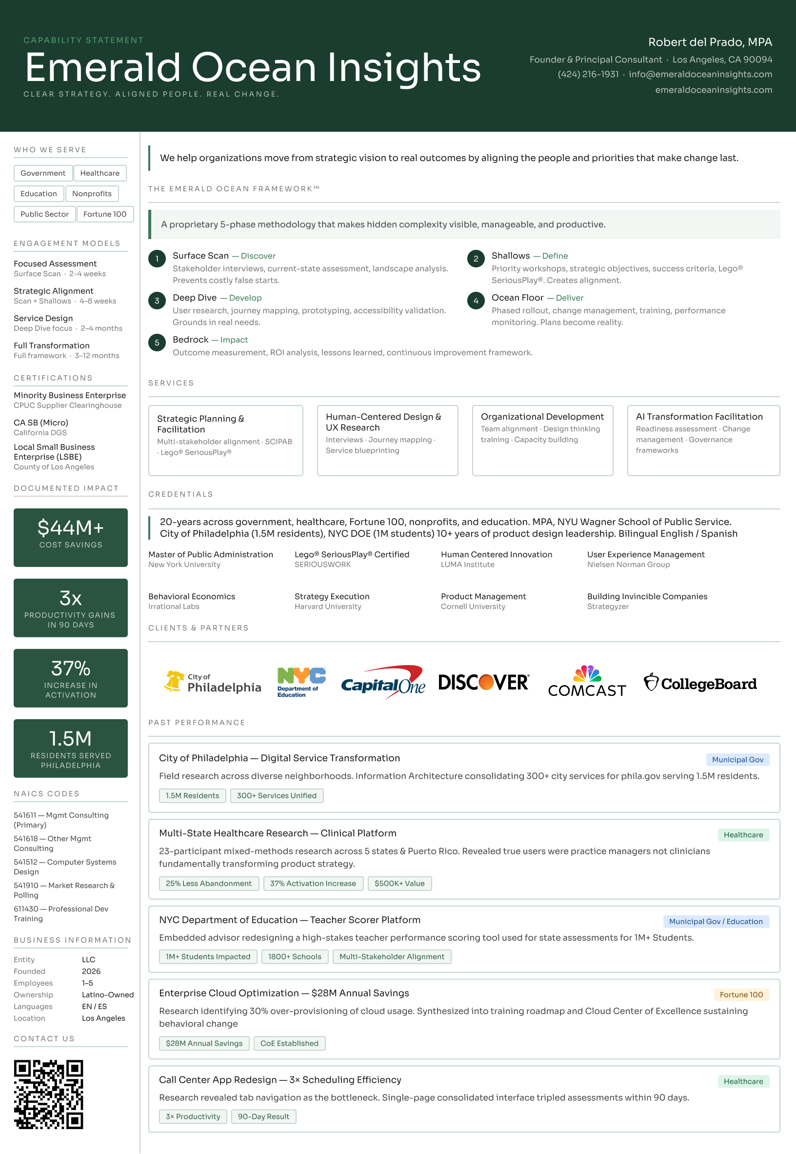 Emerald Ocean Insights capability statement showing strategic planning and facilitation services, Emerald Ocean Framework methodology, MBE and SB Micro certifications, and past performance with City of Philadelphia and NYC Department of Education