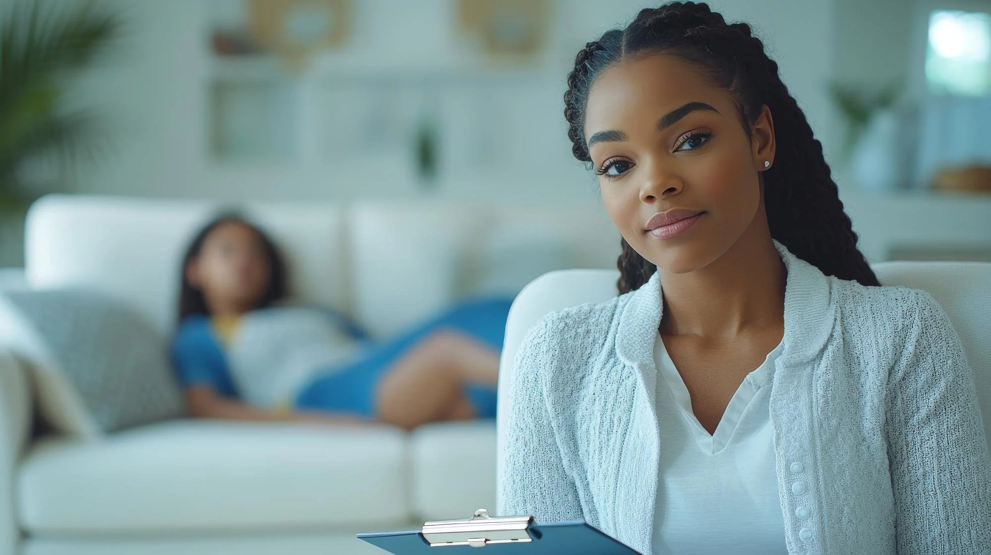 A young woman with braided hair and a light sweater sitting with a clipboard, smiling softly at the camera in a bright, modern room with a blurred background of a child lying on a couch.