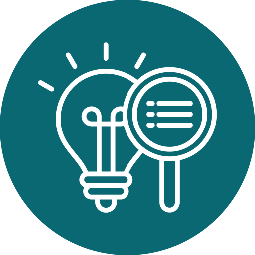 Icon of a light bulb and magnifying glass representing innovation and research