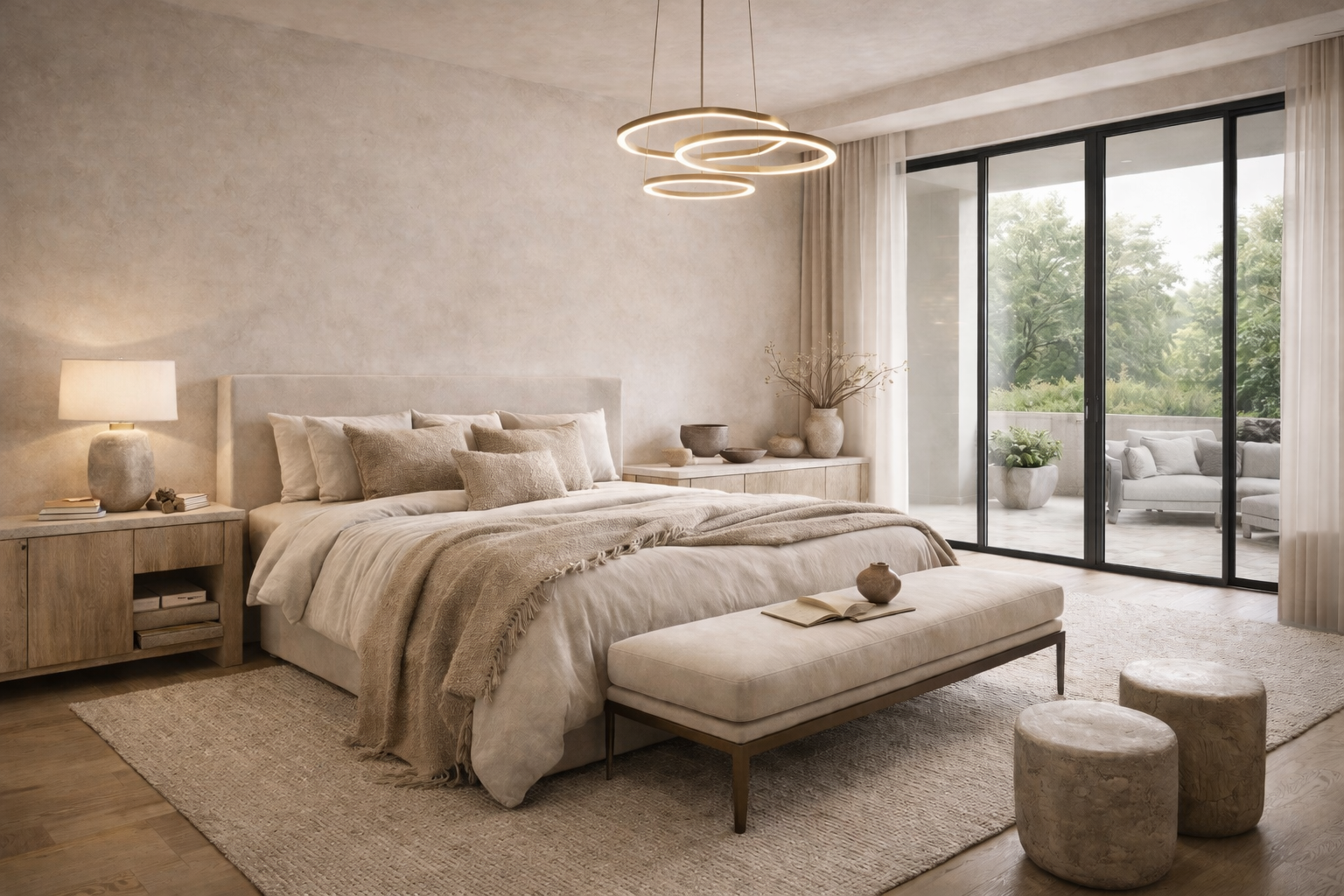 A modern minimalist bedroom with a large bed, beige linens, and decorative pillows, illuminated by a contemporary ceiling light fixture. The room features a side table with a lamp, a bench at the foot of the bed, and sliding glass doors leading to a balcony with outdoor seating and greenery outside.
