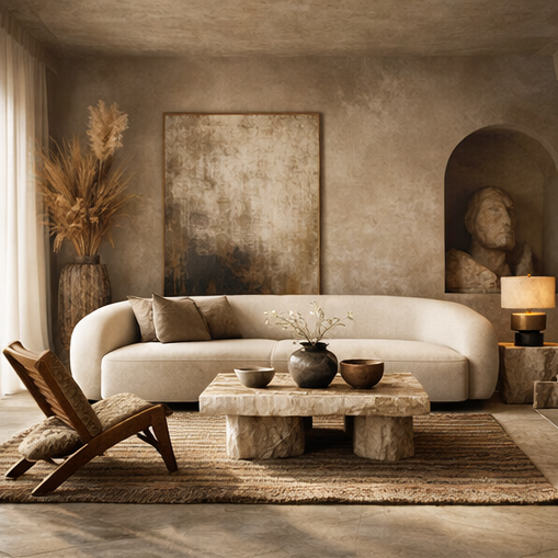 A contemporary living room with a white curved sofa, a wooden coffee table, a wooden armchair with a cushion, a textured area rug, a tall vase with pampas grass, and a sculpture of a head in a niche.