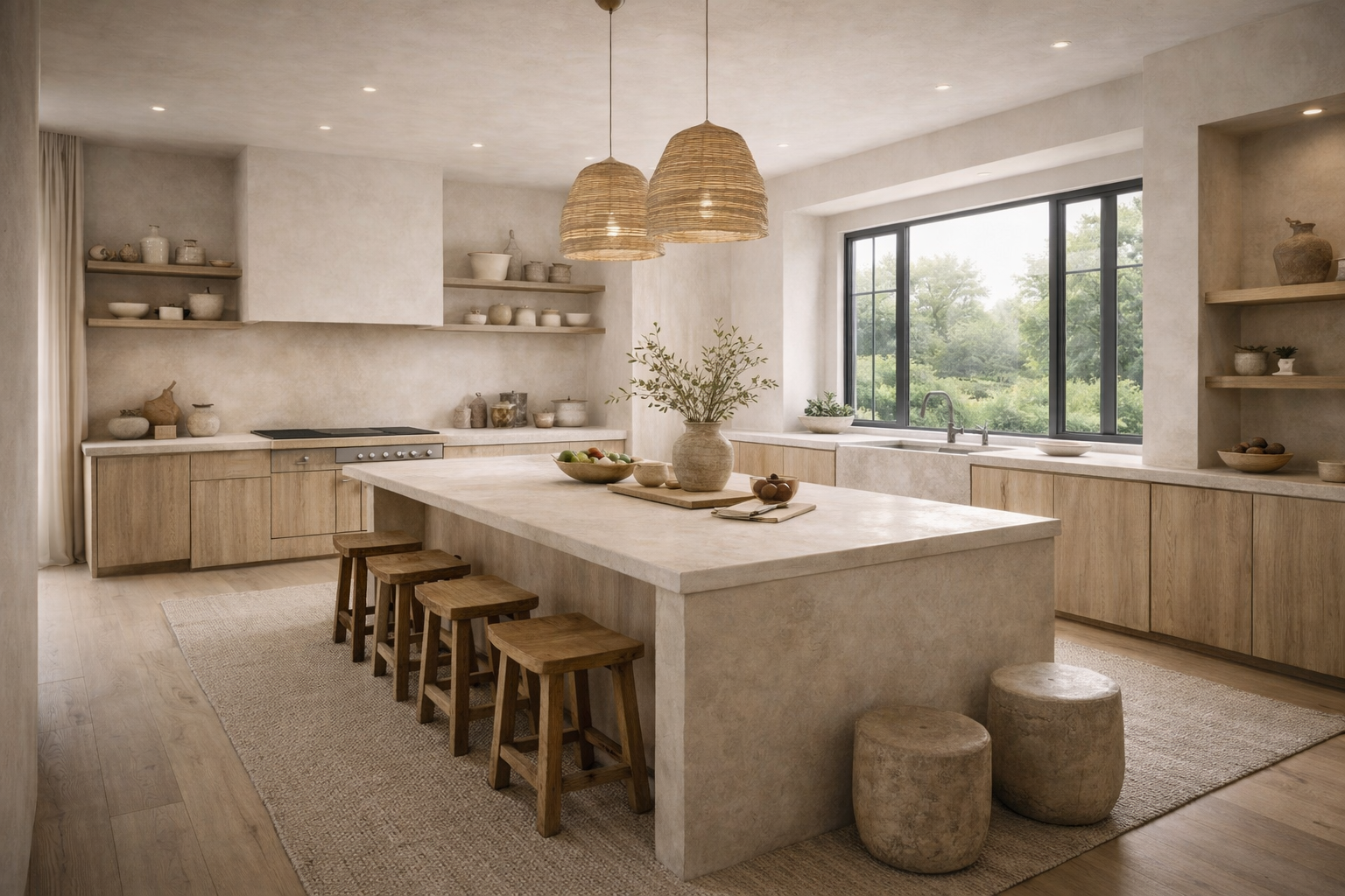 Bright, minimalist kitchen with a large central island, wooden stools, open shelves with ceramics, and a view of greenery through large windows.