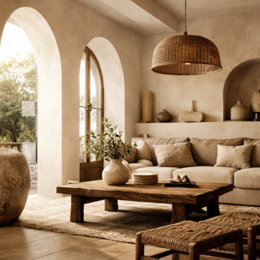 Living room with beige sofa, wooden coffee table, rattan pendant light, and arched windows with sunlight.