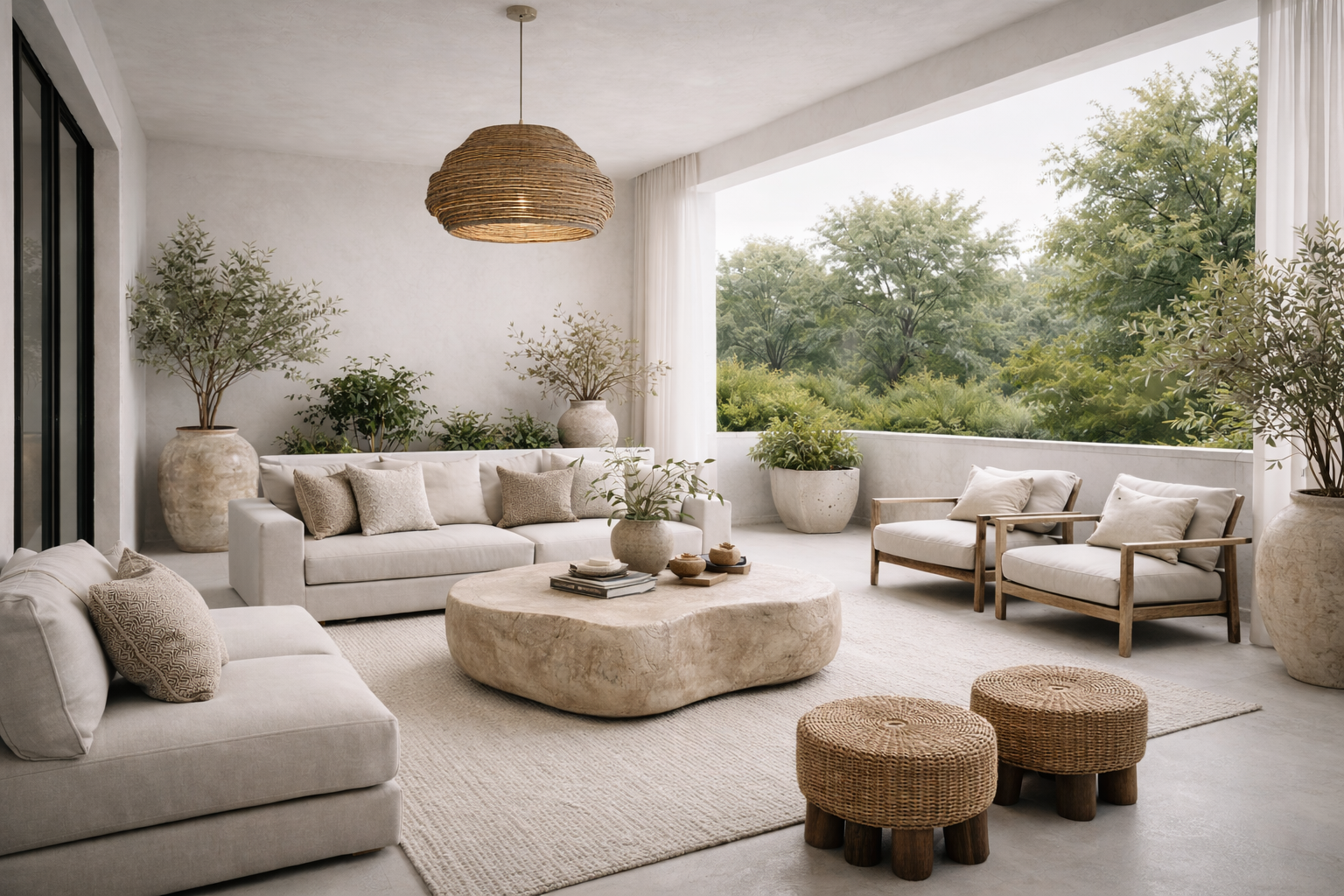 Living room with white sofas, wooden armchairs, wicker stools, a stone coffee table, and large potted plants, overlooking a lush green outdoor view.