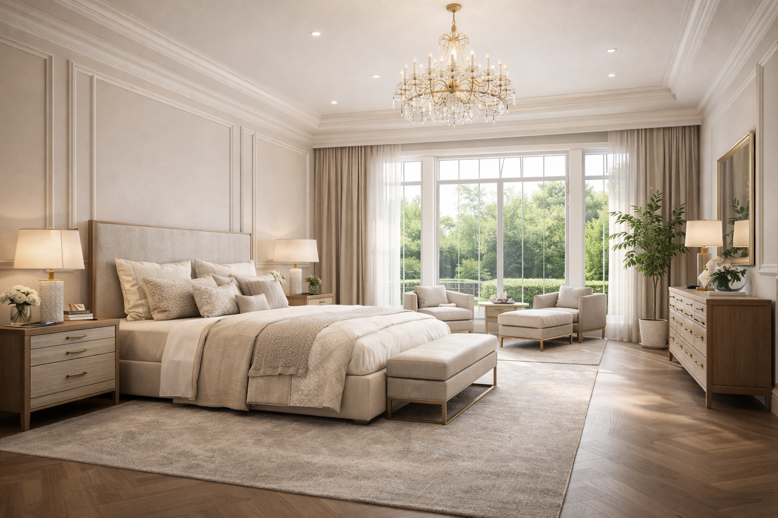 Elegant bedroom with king-sized bed, beige and white bedding, two nightstands with lamps, a seating area with armchairs near large windows, and a chandelier, all decorated in neutral tones with wooden furniture and a view of greenery outside.