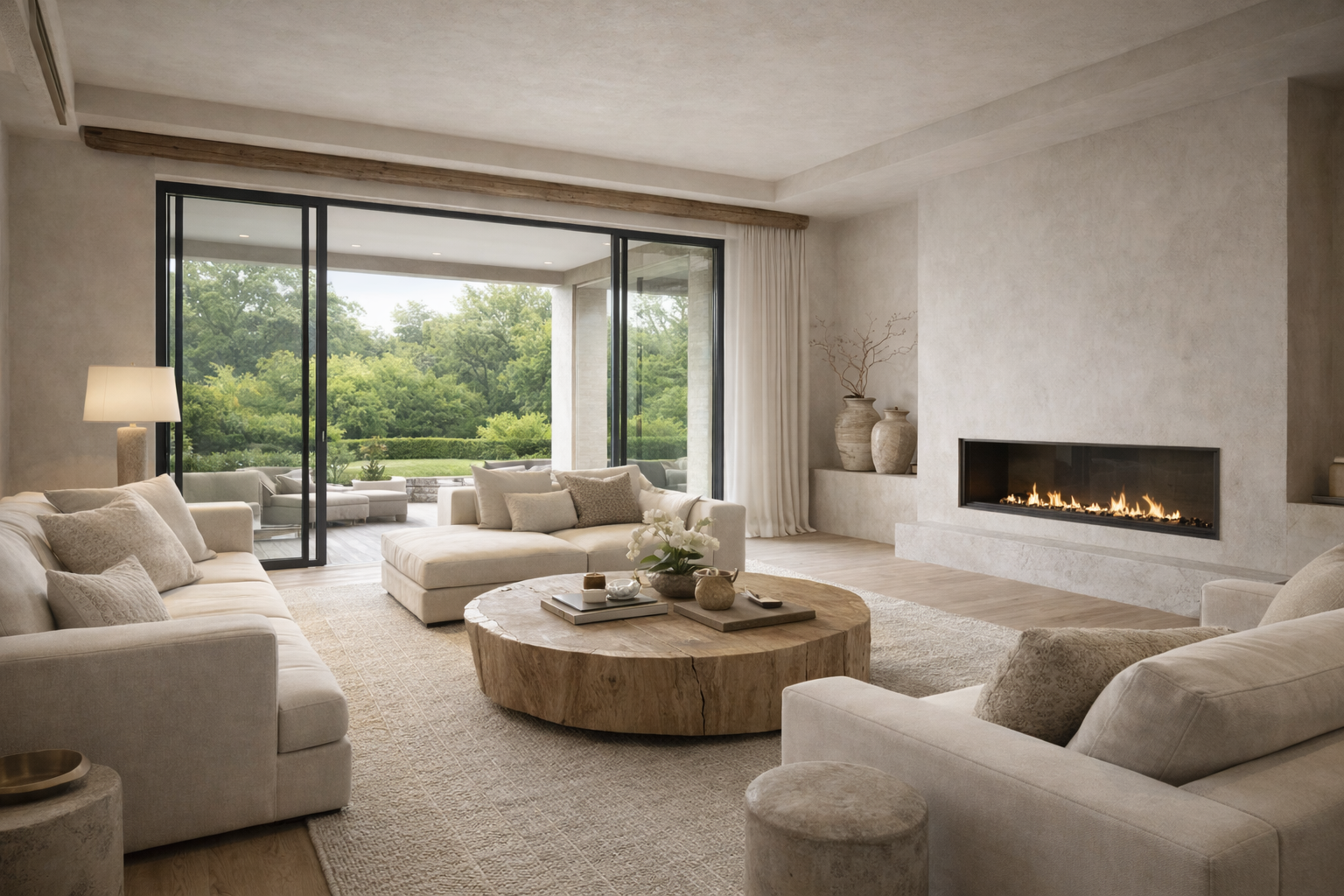 Modern living room with neutral sofa set, round wooden coffee table, fireplace, large sliding glass doors leading to outdoor patio with greenery.