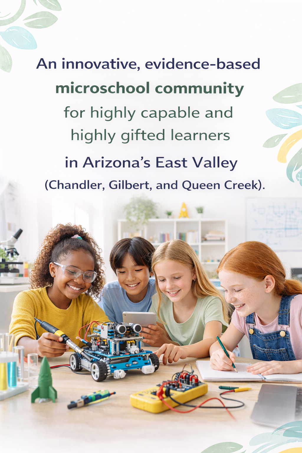 Group of diverse children working on robotics project in a classroom, with a banner about microschool community in Arizona's East Valley.