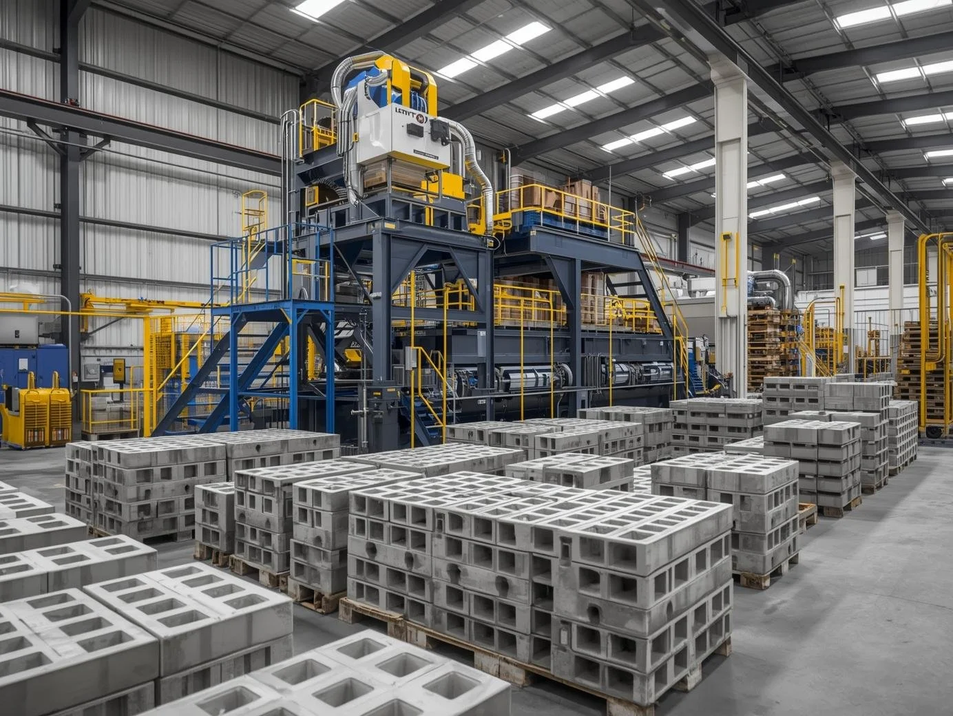 Indoor factory with industrial machinery and stacks of concrete blocks.