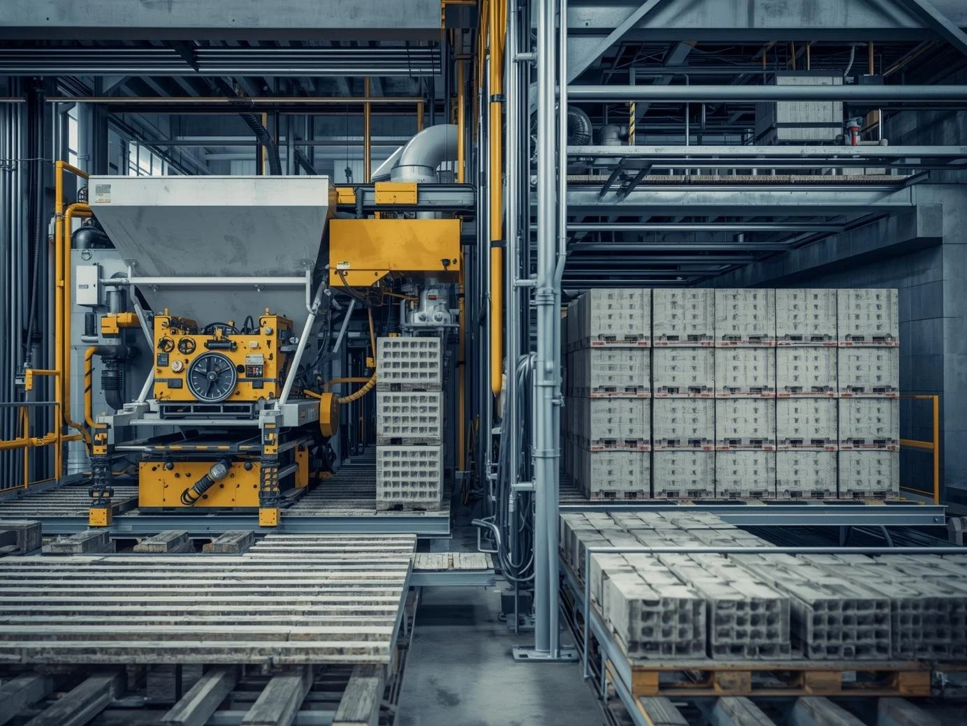 Industrial warehouse with machinery and stacked pallets