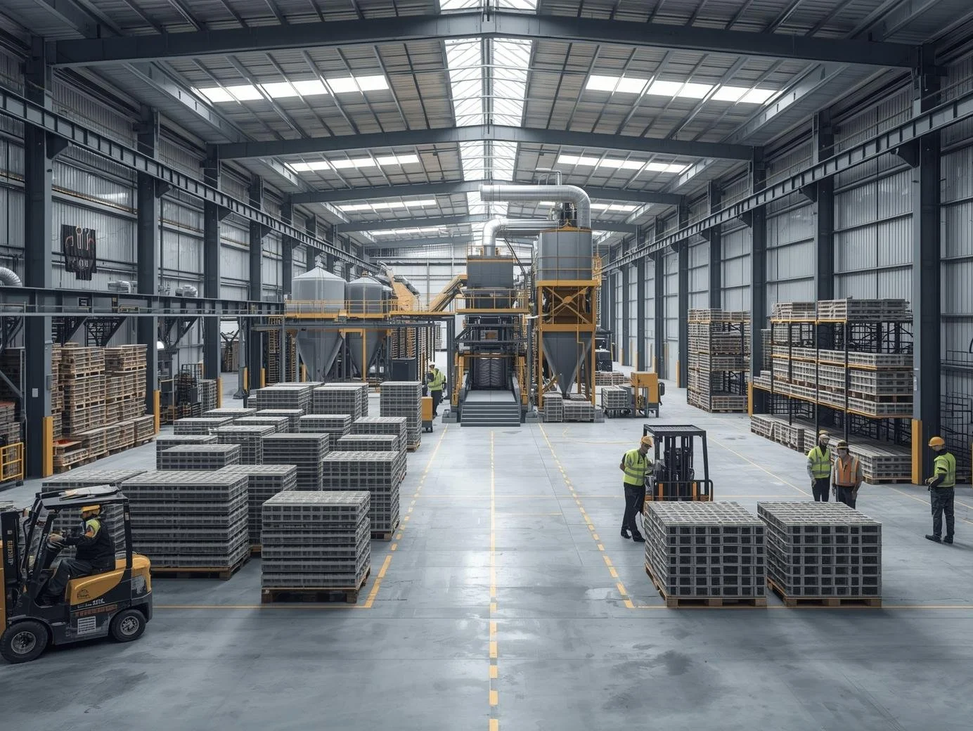 Interior of a manufacturing warehouse with machinery, pallets, and workers in safety gear operating equipment.