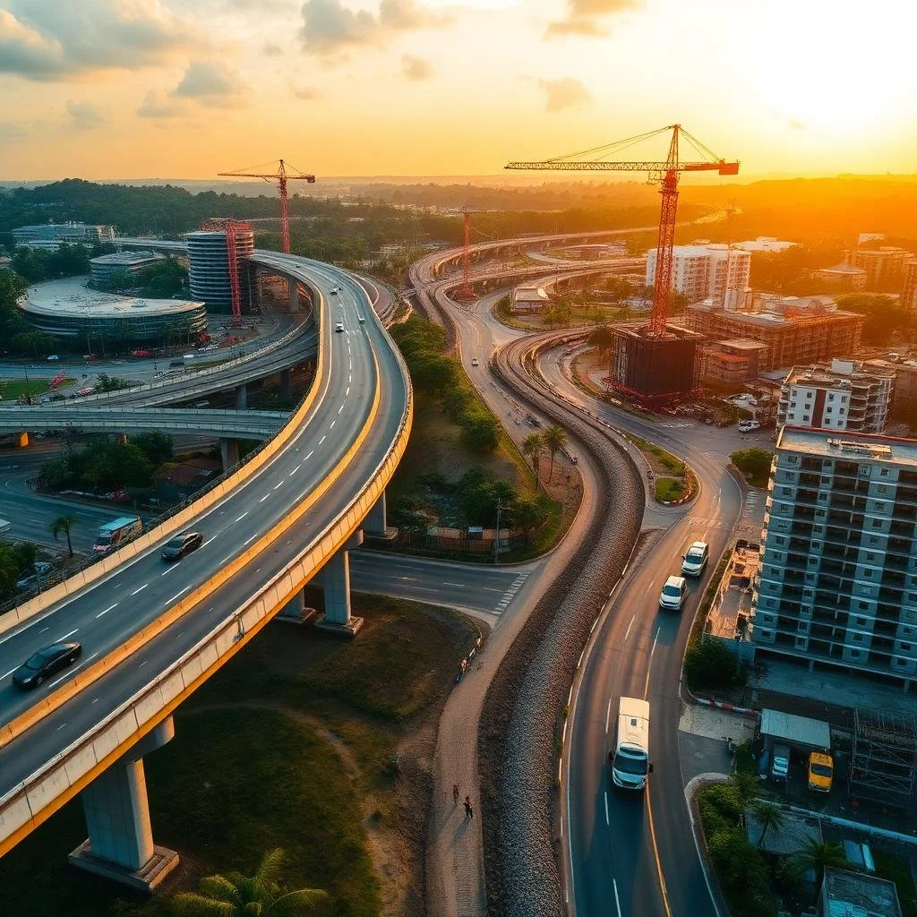 A cityscape at sunset showing an elevated highway with cars, construction cranes, and surrounding buildings, some under construction.