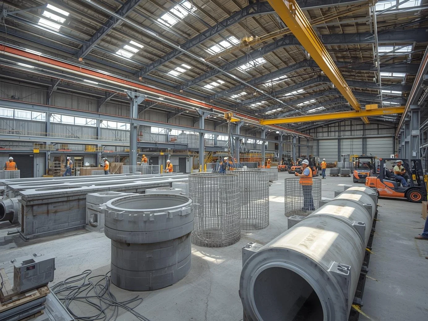 Inside a large industrial warehouse with workers in orange safety vests and white helmets operating forklifts and machinery, surrounded by large metal pipes, wire mesh cylinders, and construction equipment.