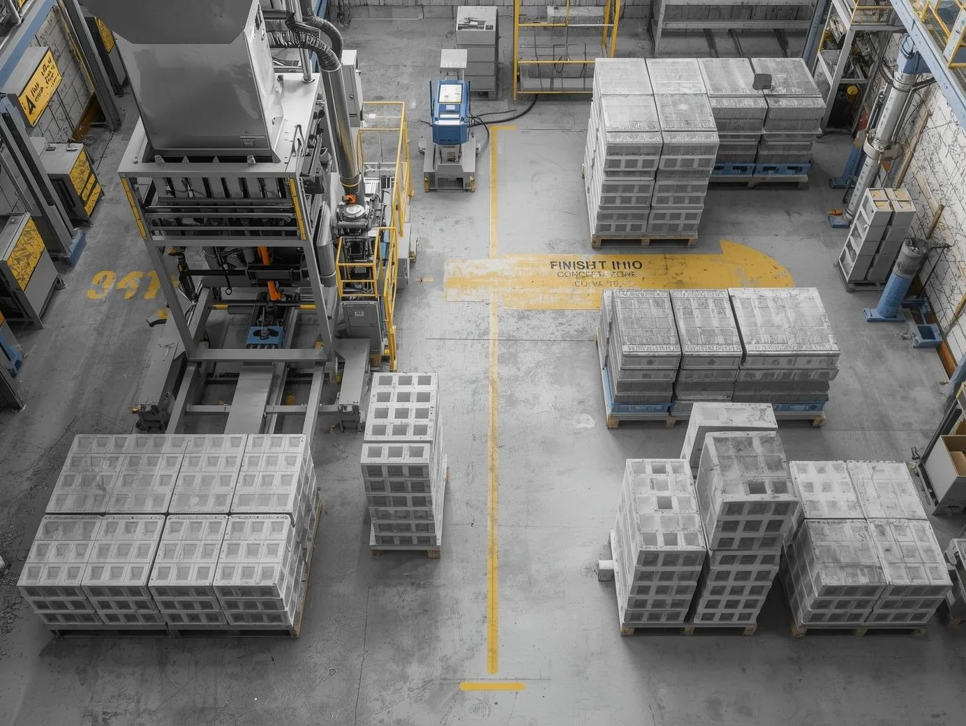 A warehouse with stacks of concrete blocks on pallets and a large machine in the left side of the image. Yellow markings and a lane with the words 'FINISH LINE' are on the floor.
