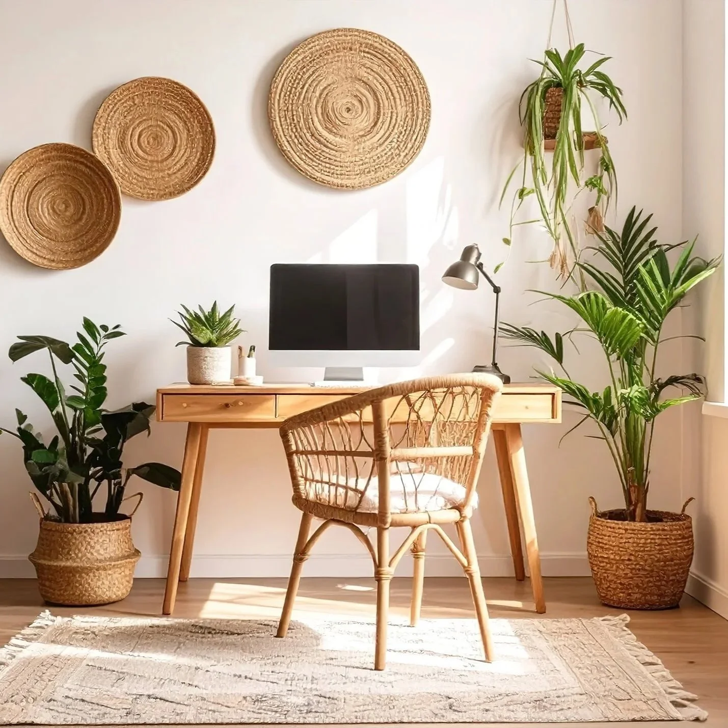 A home office setup with a wooden desk, a computer monitor, a wicker chair, and three potted plants in woven baskets, against a white wall decorated with round woven wall hangings.