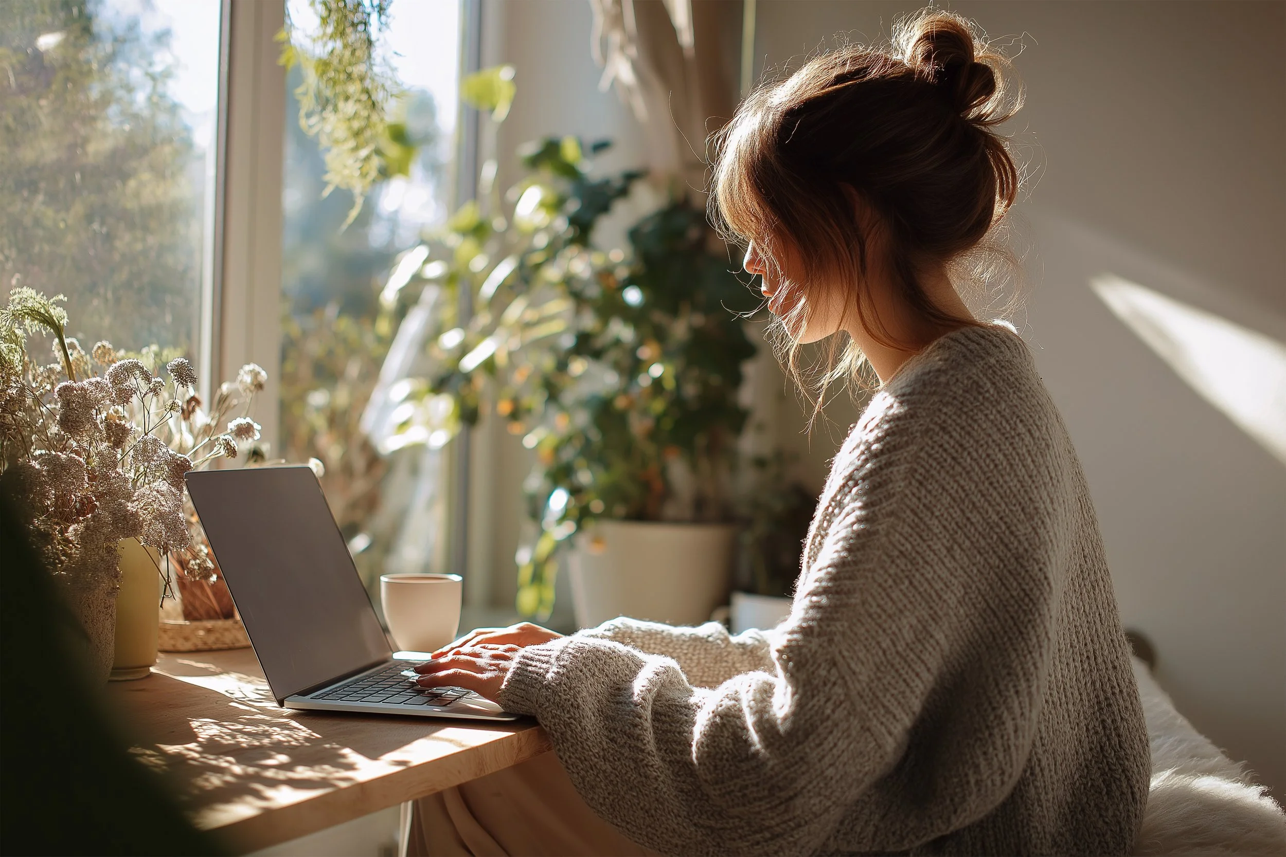 A woman with light brown hair in a bun working on a laptop at a wooden desk by a window, with sunlight streaming in. There are potted plants and dried flowers on the desk.