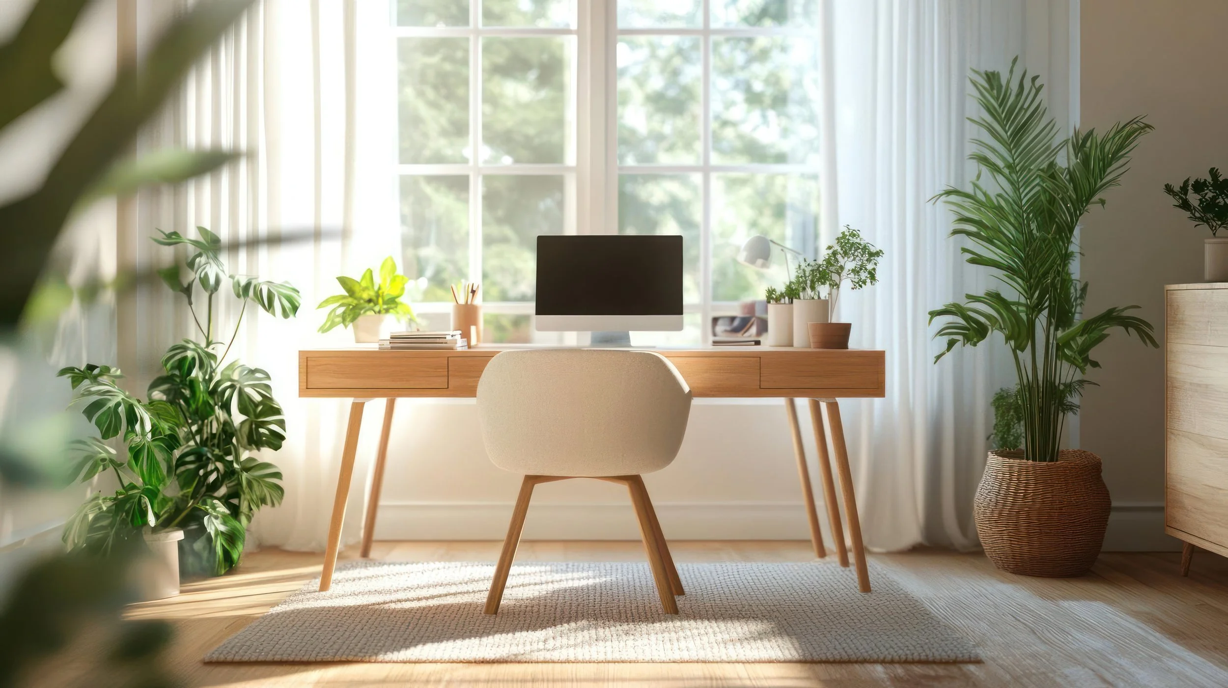 A modern home office with a wooden desk, desktop computer, potted plants, a beige chair, and large windows with white curtains letting in natural light.