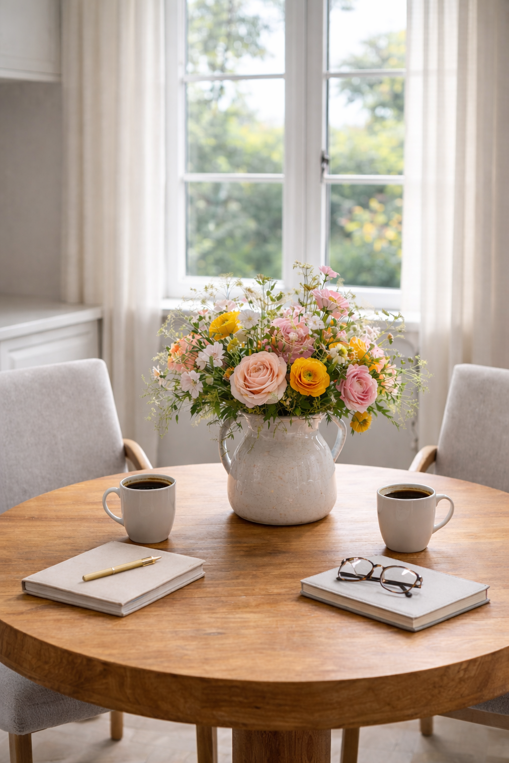 A round wooden table with two white coffee cups, a vase with pink and yellow flowers, two notebooks, and a pair of glasses in a bright room with large windows and beige curtains.