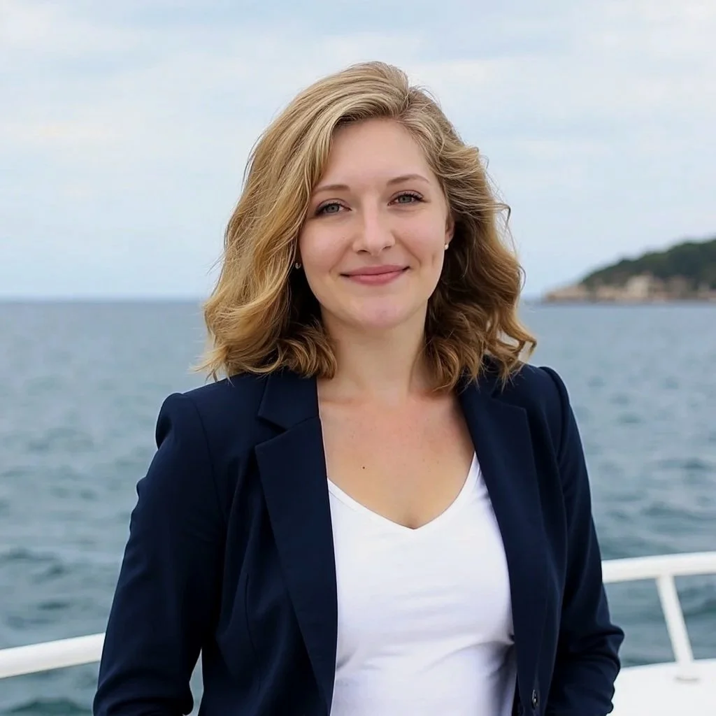A smiling woman with shoulder-length wavy blond hair standing on a boat near the water with a rocky shoreline and trees in the background.