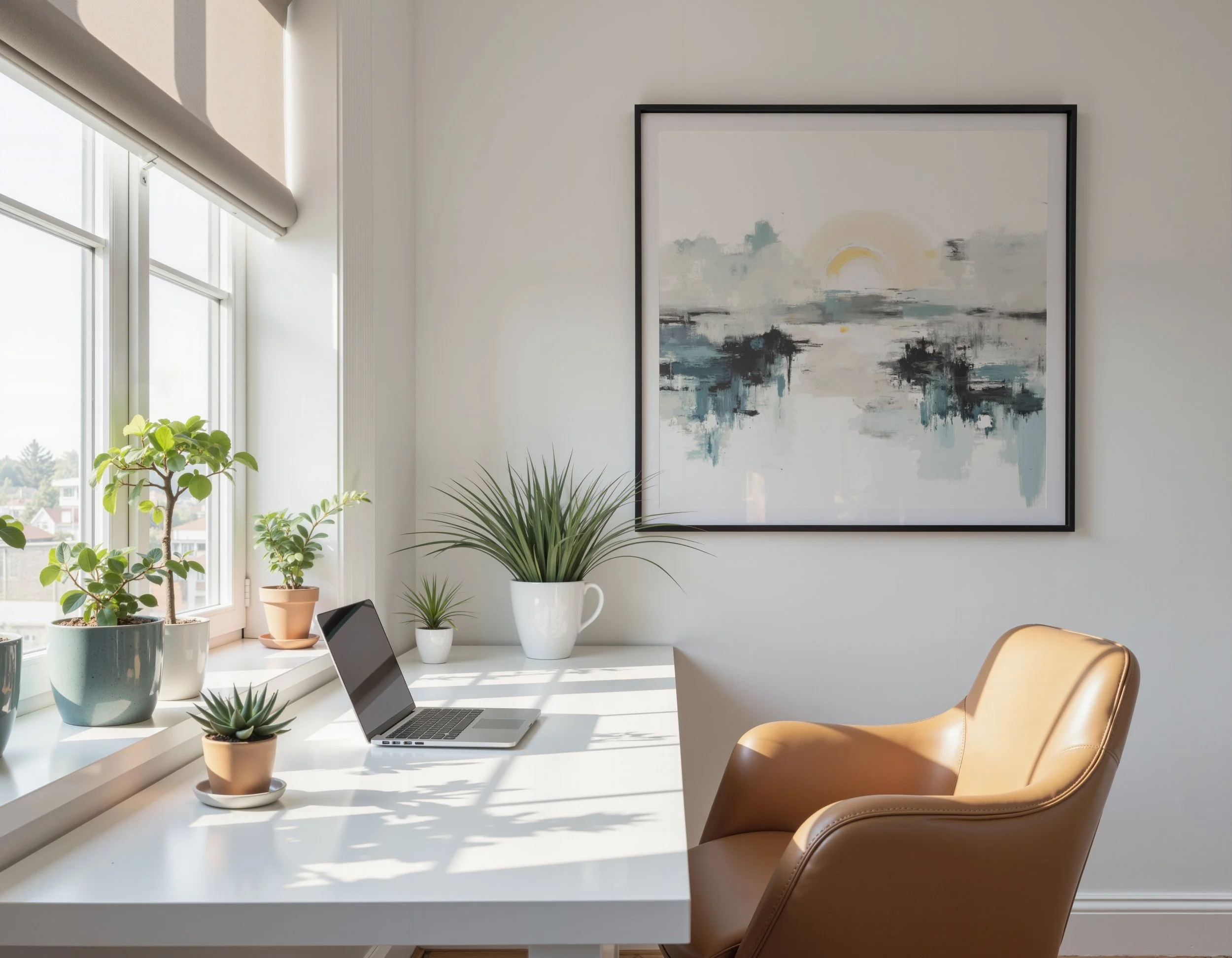 A modern, bright office space featuring a white desk with several potted plants, a laptop, and a chair. The room has large windows with blinds, and a framed abstract painting hangs on the wall.