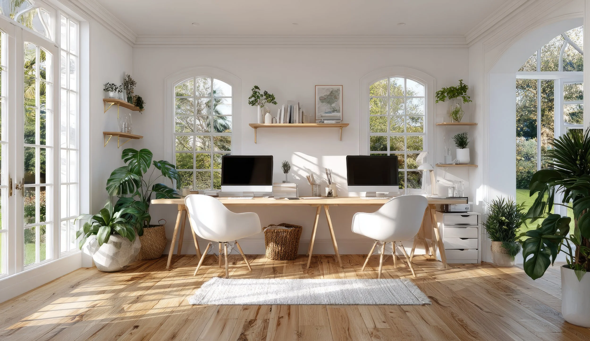 Bright home office with large windows, potted plants, and a wooden desk with two computer monitors. White chairs are placed in front of the desk, and floating shelves hold books and decorative items. Natural light floods the room.