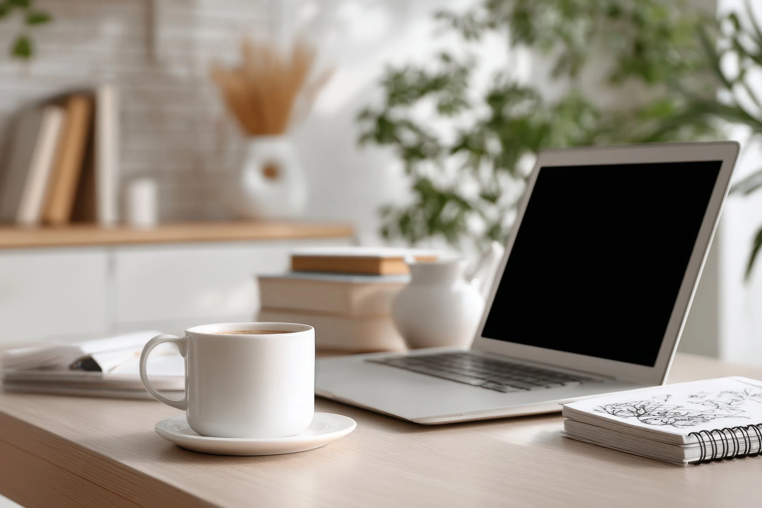 A workspace with a white coffee mug, a laptop, a stack of notebooks, and some books on a wooden desk. In the background, there is a bookshelf, some decorative plants, and a blurred window.