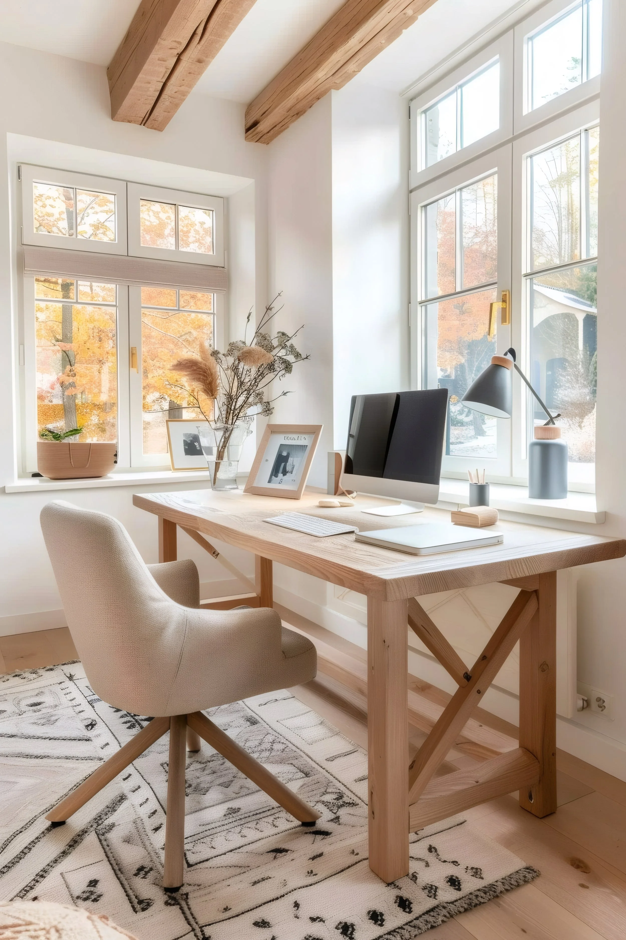 A cozy home office with a wooden desk, beige chair, and modern decor. Natural light floods the space through large windows showing autumn trees outside. Decorative dried flowers in a vase and framed photos adorn the desk, complemented by a sleek desk lamp and a computer monitor.