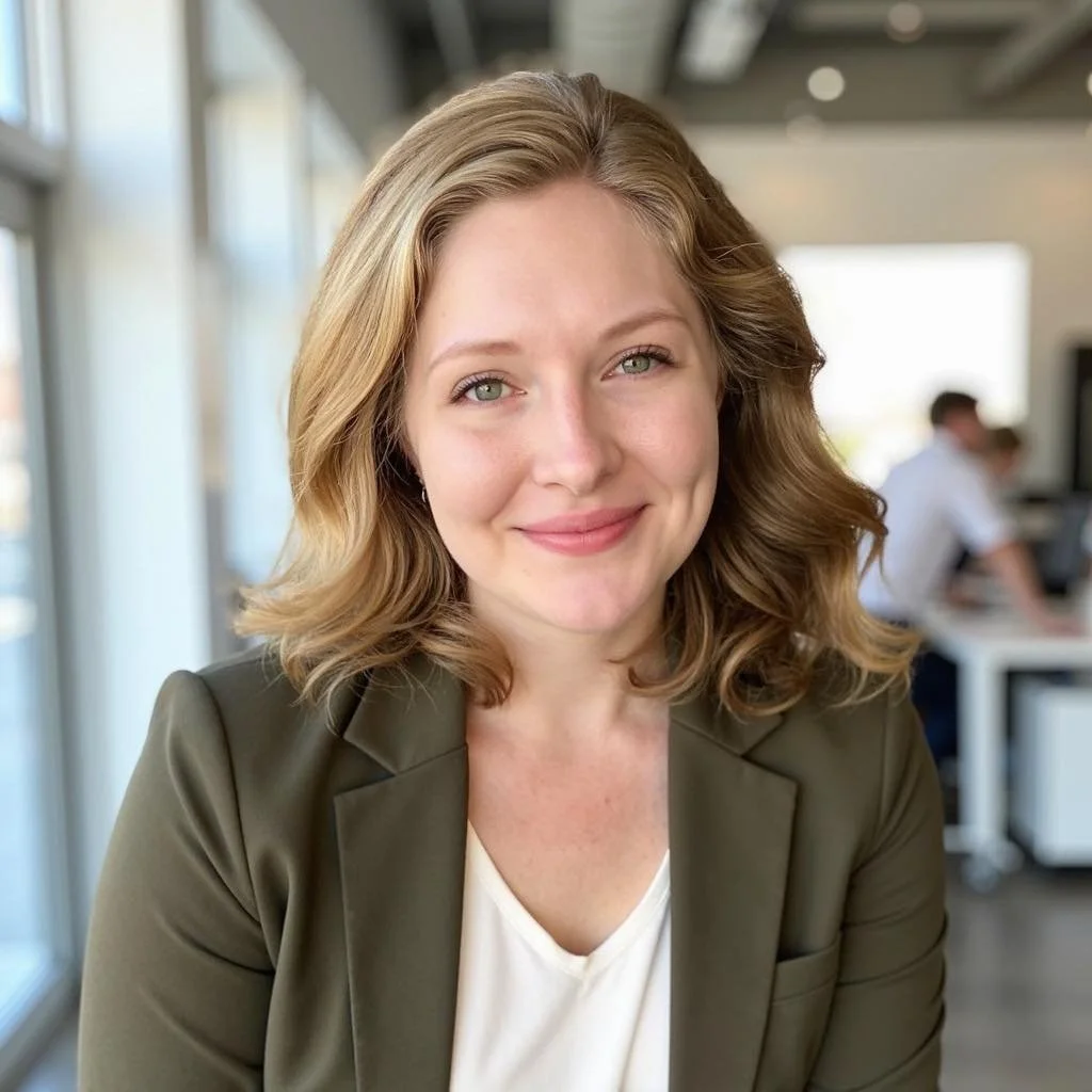 A young woman with shoulder-length wavy blonde hair, wearing a beige top and olive green blazer, smiling at the camera in an office setting with blurred people in the background.