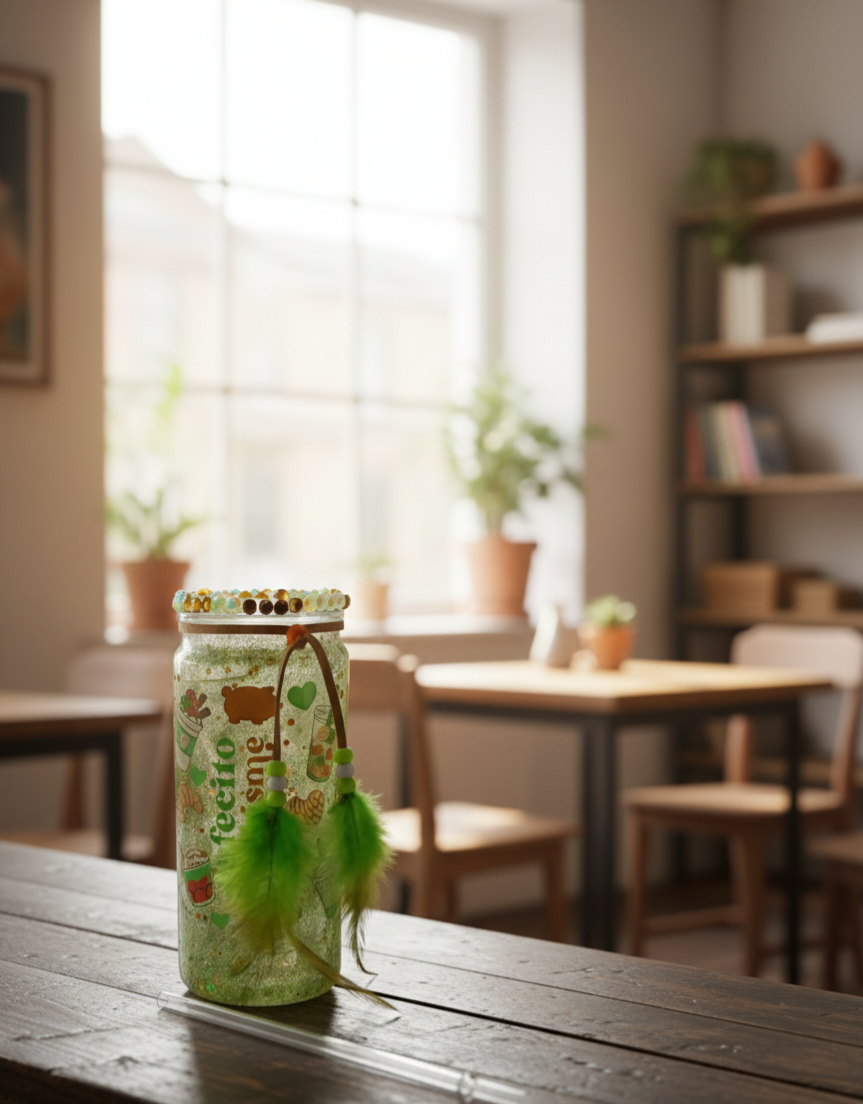 Decorative jar with green feathers and beads, on a wooden table in a bright room with potted plants and books.