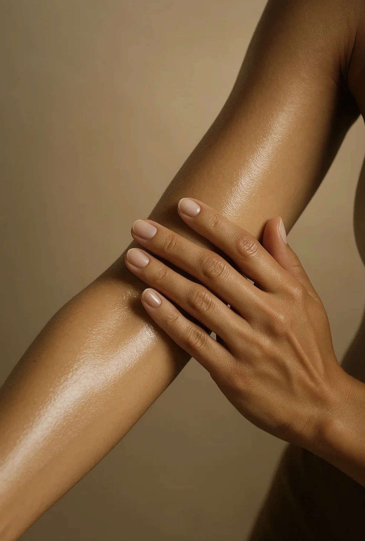Close-up of a person's hand resting on their forearm, with a neutral background.