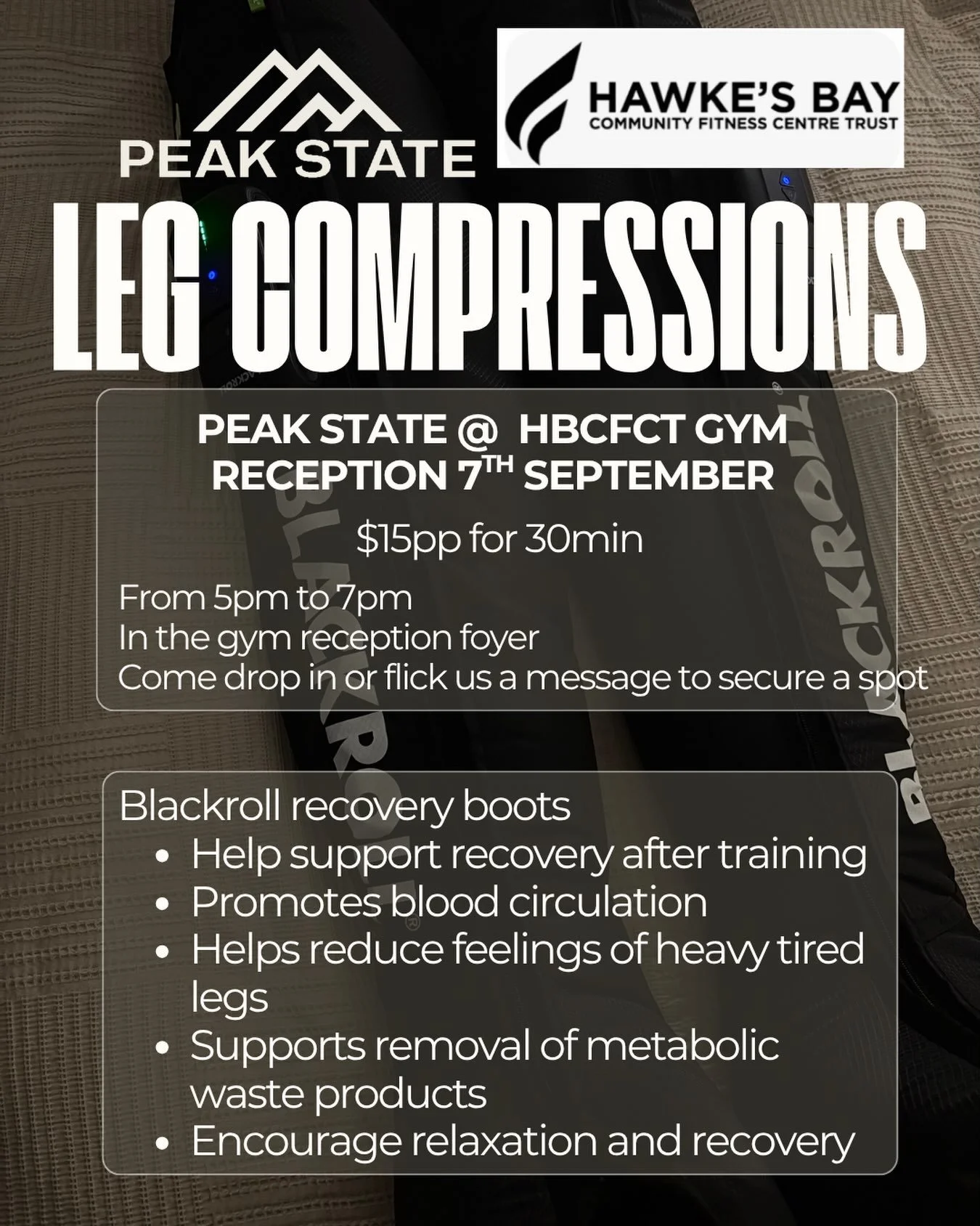 We are coming to @hawkesbayfitnesscentre and bringing our leg compressions for you to try. 

🗓️ first session August 7th
🕕 5pm to 7pm
📍In the Royston reception foyer
💲 $15pp for 30min

Drop in or get in touch to reserve your spot