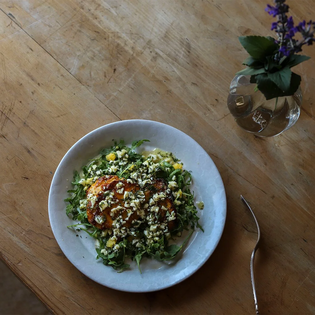 Grilled Saffron Chicken with Egg Parsley, Orange Blossom Honey, and Wild Arugula