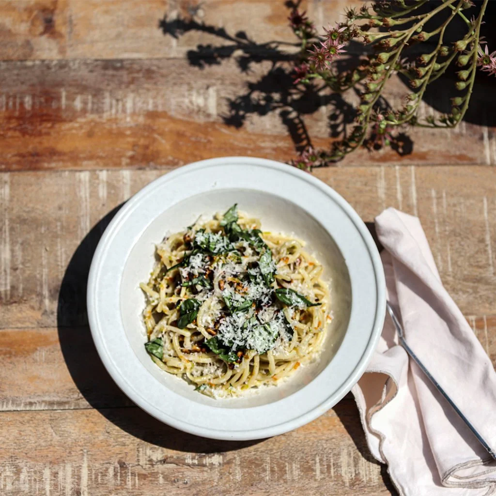 Pasta with Squash Blossoms, Basil, Garlic, and Pine Nuts
