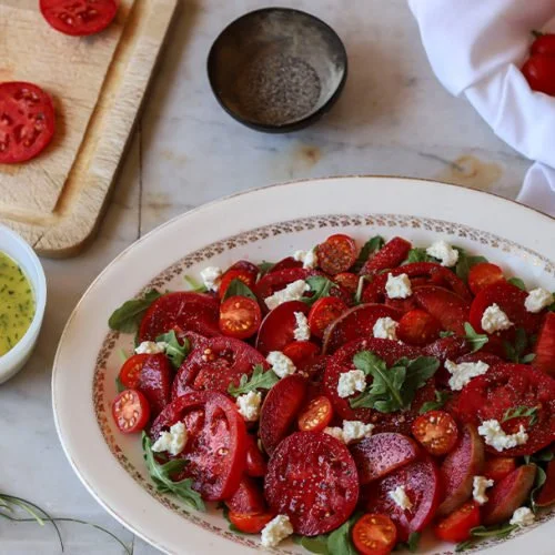 Tomato, Pluot, and Arugula Salad with Ricotta and a Chive Vinaigrette