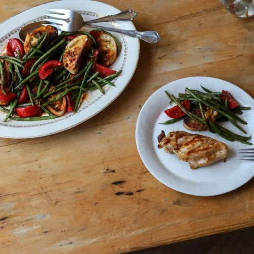 Grilled Lemon Chicken with Haricots Verts, Early Girl Tomatoes, and Toast