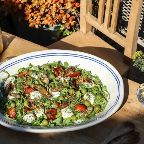Arugula, Fingerling Potato, Tomato, Olive, and Burrata Salad with Pine Nuts and Dill