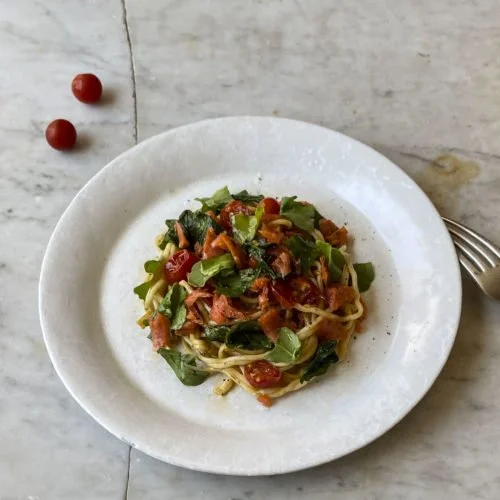 Pasta with Smoked Salmon, Cherry Tomatoes, and Wild Arugula