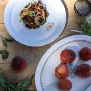 Wild Arugula, Frisée, Peach, Red Onion, Basil, and Almond Salad with Goat Cheese