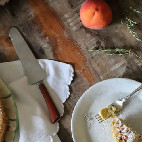 OLIVE OIL CAKE WITH PEACHES, PINE NUTS AND THYME