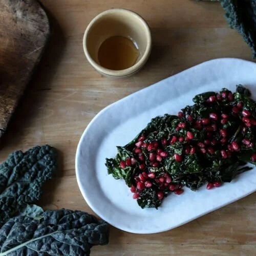 Sauteed Kale with Lemon Blossom Honey and Pomegranate Seeds