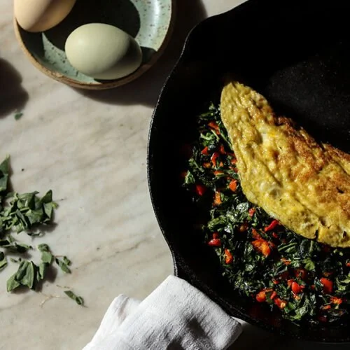 Omelet with Green Chard, Red Peppers, and Garlic