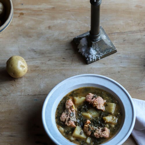 Green Chard, Potato, Garlic, and King Salmon Soup
